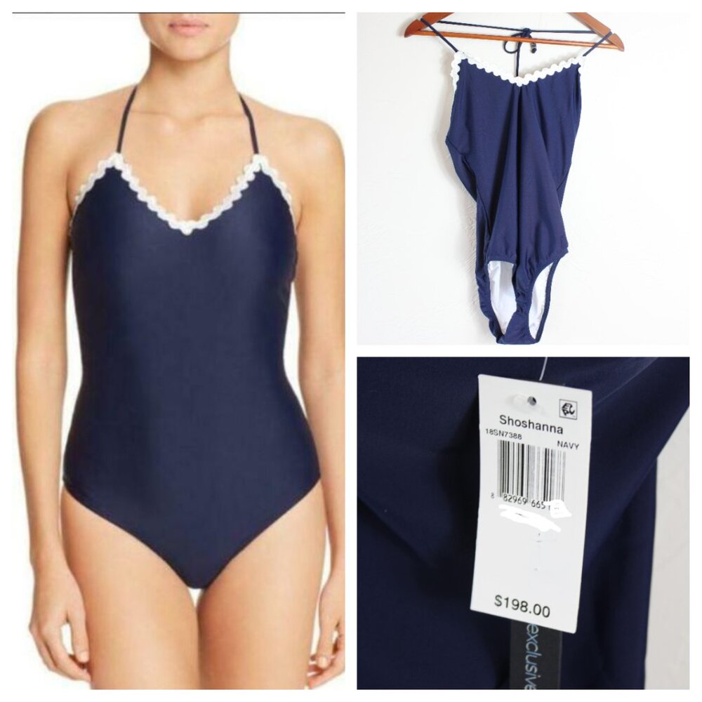 Shoshanna Halter Scallop Lace One Piece Swimsuit Navy Blue Sz 2 NWT